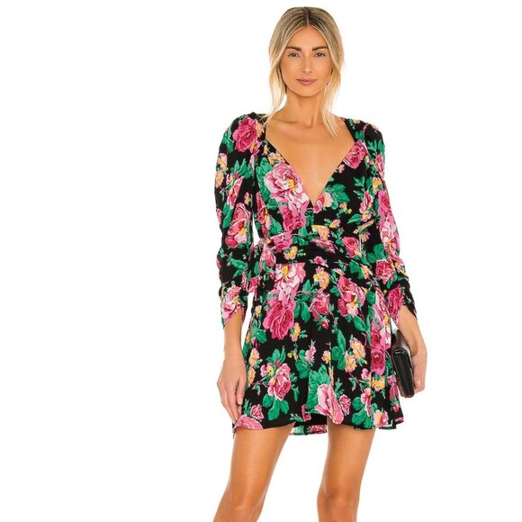 For Love & Lemons June Mini Dress Black Floral Cutout Back V-Neck 3/4 Sleeve S - Picture 1 of 9